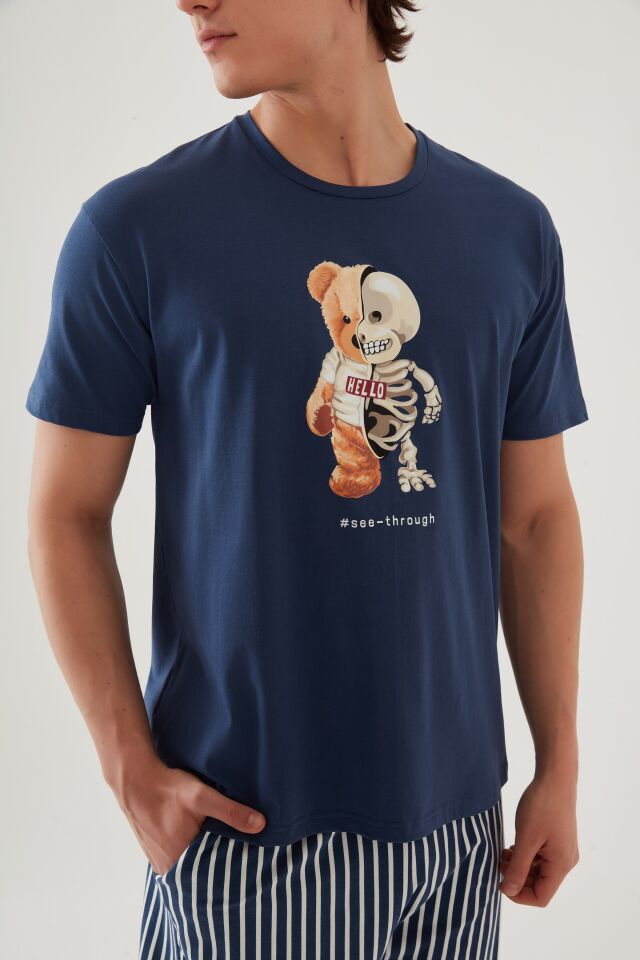 Erkek Pamuklu Mavi Baskılı Cepli Şort Pijama Takımı Mavi - Beyaz - L