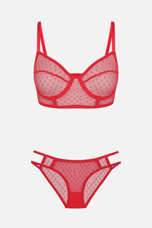 Kadın Puanlı Tüllü Sütyen Takım Kırmızı - 75B - Kırmızı - 75B
