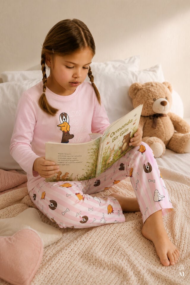 Kız Çocuk Pamuklu Pembe Uzun Kollu Gezegen Yıldız Baskılı Desenli Pijama Takımı Pembe - 9-10 Yaş
