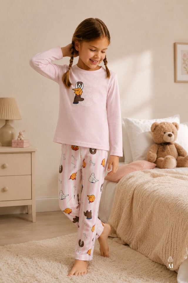 Kız Çocuk Pamuklu Pembe Uzun Kollu Gezegen Yıldız Baskılı Desenli Pijama Takımı Pembe - 9-10 Yaş