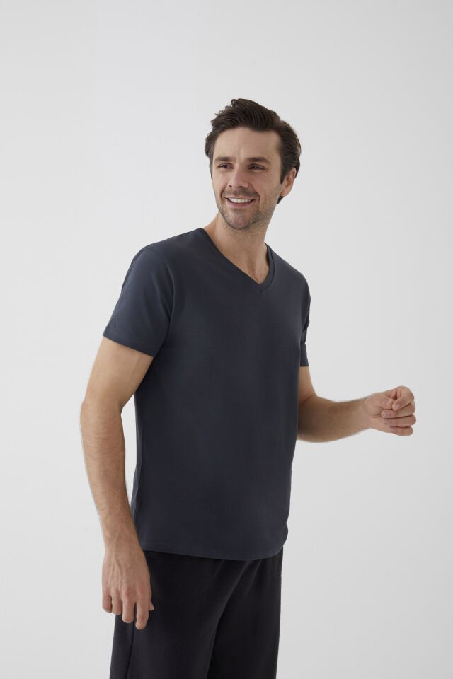 Erkek Pamuklu V Yaka Kısa Kollu Tişört 2 Adet