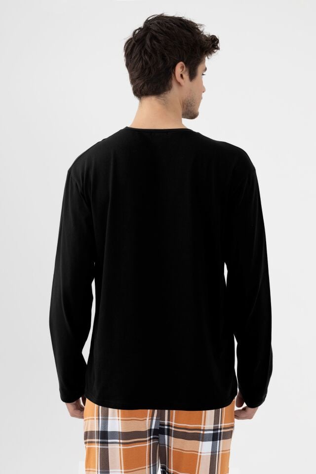 Erkek Pamuklu Uzun Kollu Ayıcık Baskılı Alt Ekose Cep Detaylı Pijama Takımı Siyah - Kahverengi - 2XL