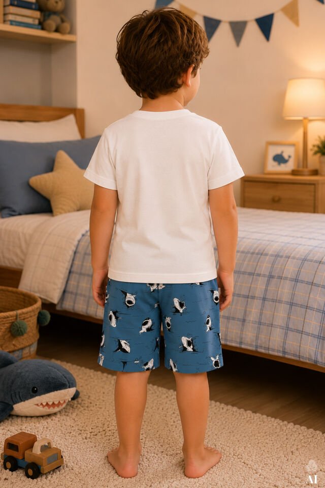 Erkek Çocuk Pamuklu Kısa Kollu Üst Astronot Baskılı Alt Çizgili Şortlu Takım Beyaz - 9-10 Yaş
