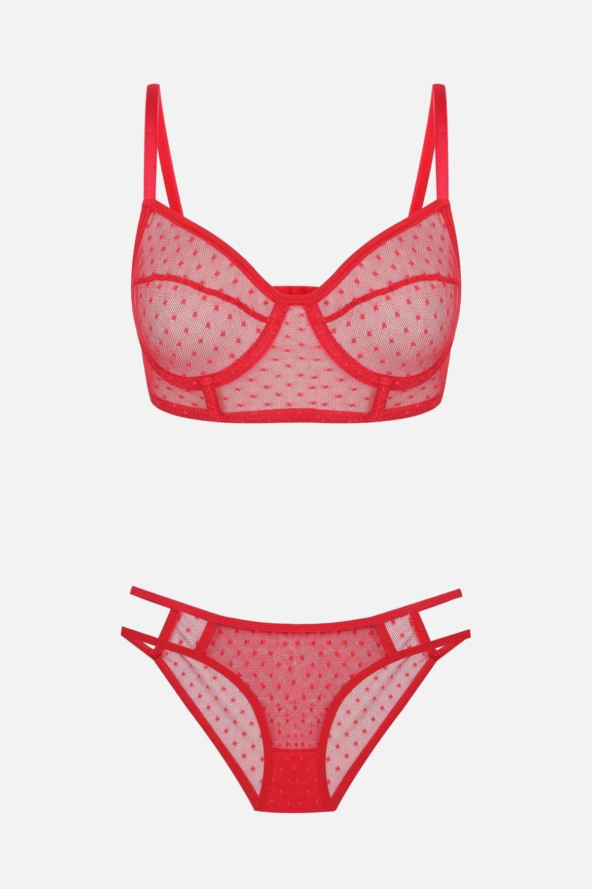 Kadın Puanlı Tüllü Sütyen Takım Kırmızı - 85B - Kırmızı - 85B