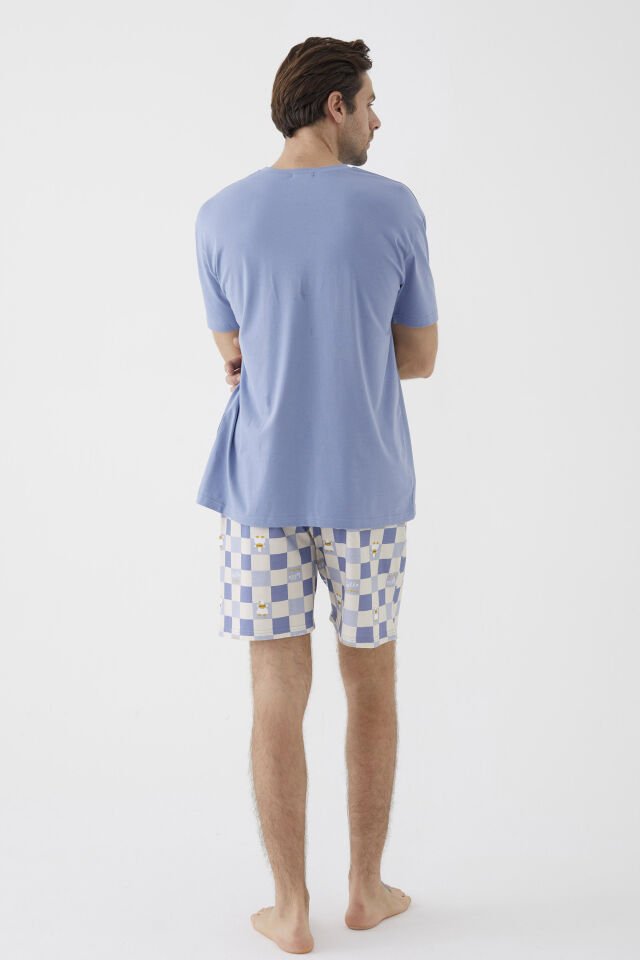 Erkek Kısa Kollu Pamuklu Ekose Desenli Ördek Baskılı Şortlu Pijama Takımı S - Mavi - Ekru