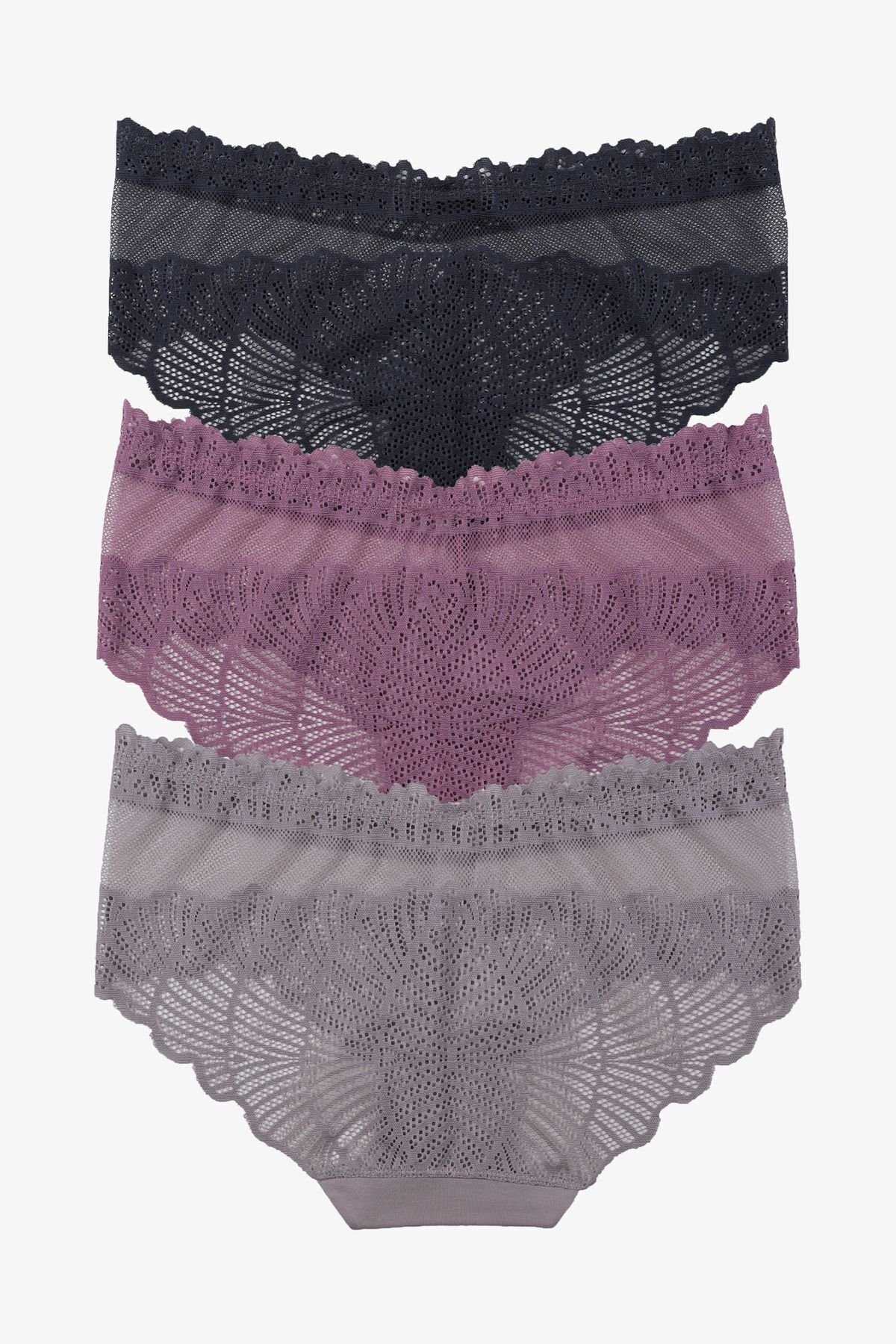 Kadın 3'lü Dantelli Külot Fümegkurusuvizon - M - Fümegkurusuvizon - M