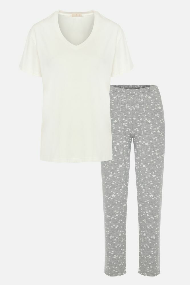 Kadın V Yaka Kısa Kollu Yıldız Desenli Pijama Takımı