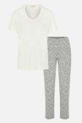 Kadın V Yaka Kısa Kollu Yıldız Desenli Pijama Takımı