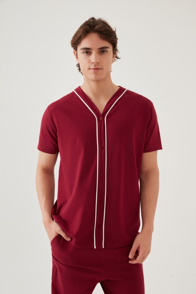 Erkek Kısa Kollu Pamuklu Gömlek Yaka Düğmeli Biyeli Pijama Takımı Bordo - 2XL