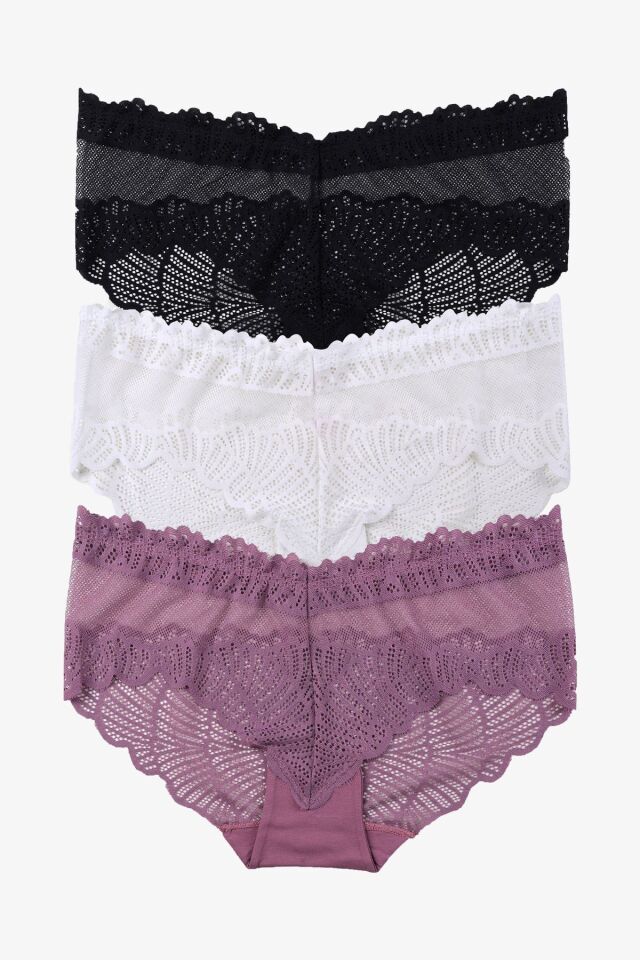 Kadın 3'lü Dantelli Külot Siyahbeyazgkurusu - M - Siyahbeyazgkurusu - M