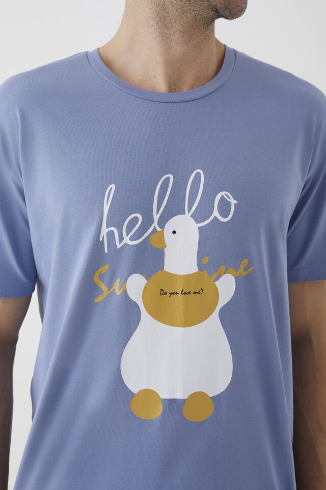 Erkek Kısa Kollu Pamuklu Ekose Desenli Ördek Baskılı Şortlu Pijama Takımı XL - Mavi - Ekru