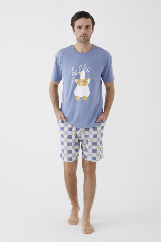 Erkek Kısa Kollu Pamuklu Ekose Desenli Ördek Baskılı Şortlu Pijama Takımı XL - Mavi - Ekru