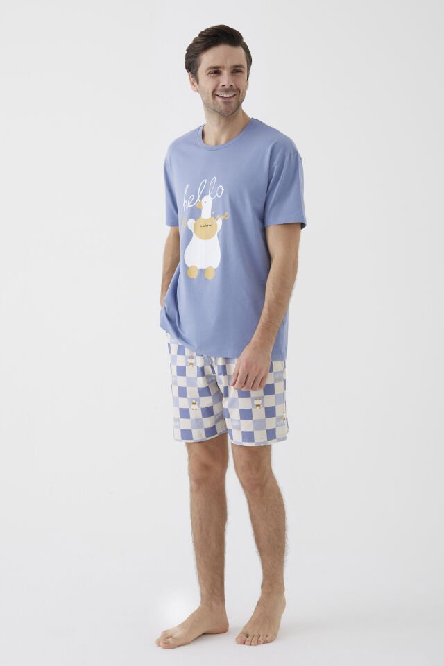Erkek Kısa Kollu Pamuklu Ekose Desenli Ördek Baskılı Şortlu Pijama Takımı XL - Mavi - Ekru