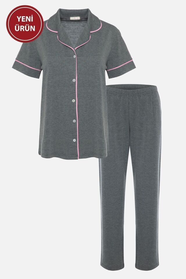 Kadın Kısa Kollu Gri Melanj Pudra Ara Biyeli Pijama Takımı