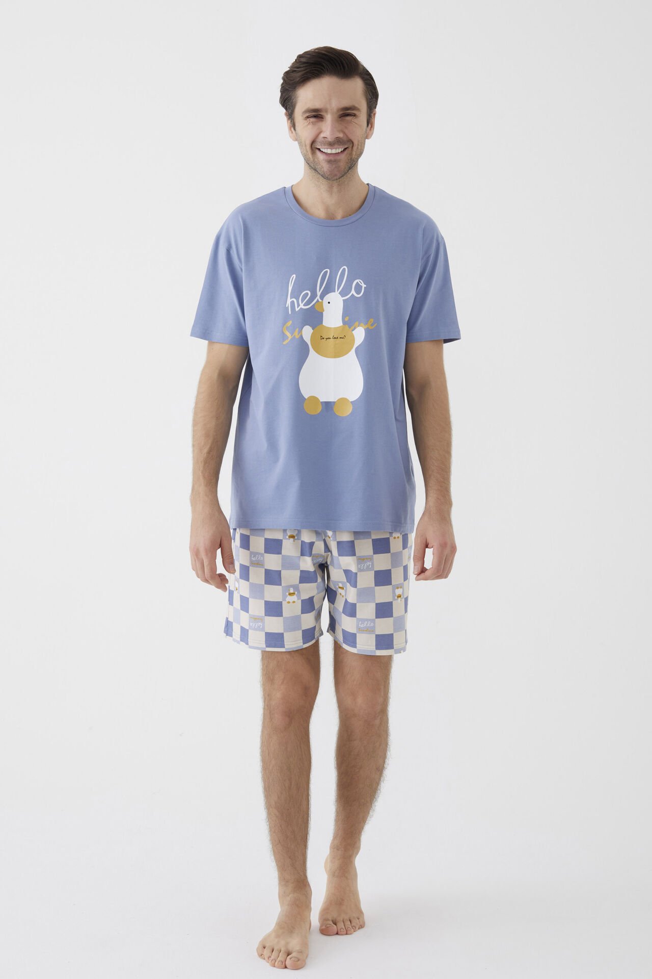 Erkek Kısa Kollu Pamuklu Ekose Desenli Ördek Baskılı Şortlu Pijama Takımı 2XL - Mavi - Ekru