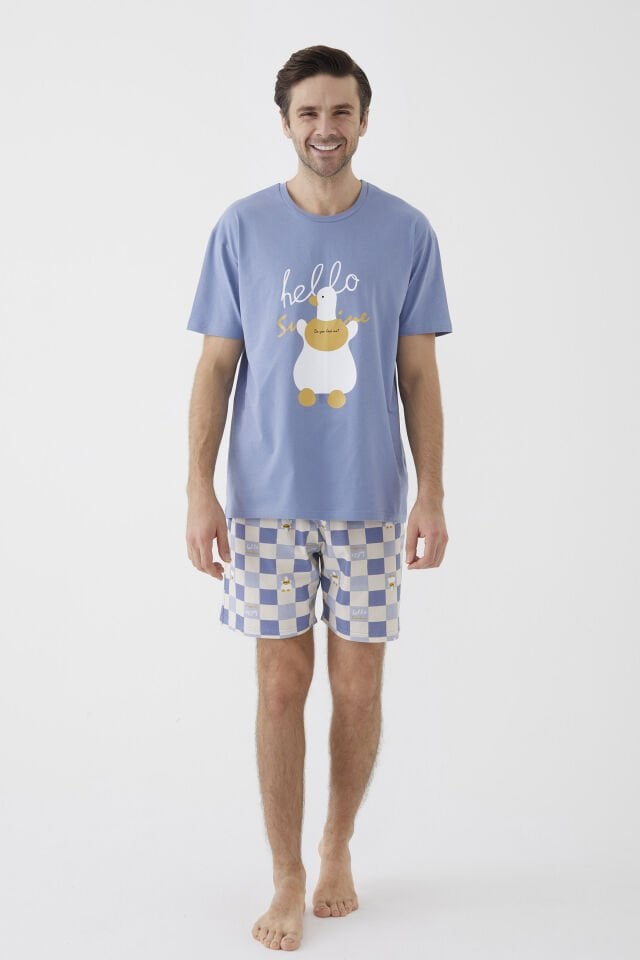 Erkek Kısa Kollu Pamuklu Ekose Desenli Ördek Baskılı Şortlu Pijama Takımı 2XL - Mavi - Ekru