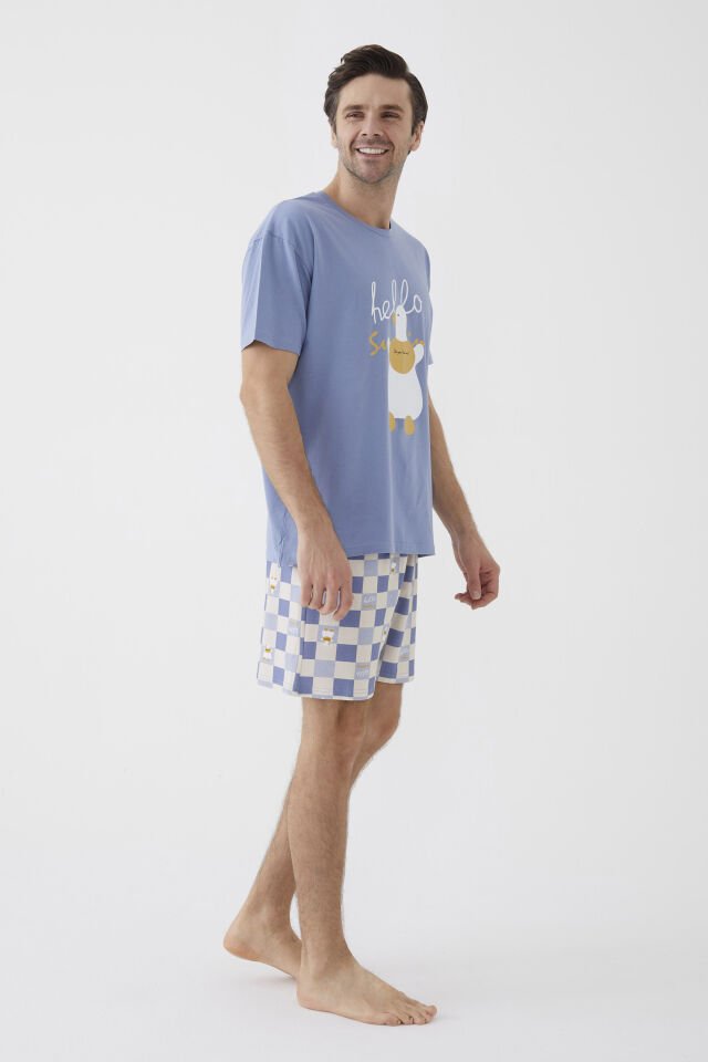 Erkek Kısa Kollu Pamuklu Ekose Desenli Ördek Baskılı Şortlu Pijama Takımı 2XL - Mavi - Ekru