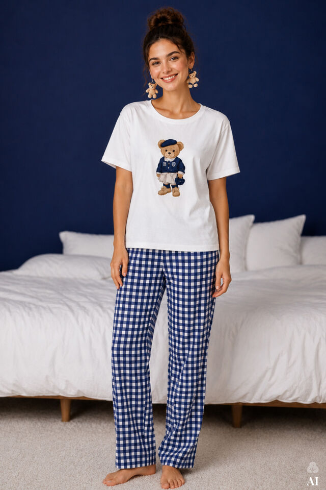 Kadın Pamuklu Ekru Kısa Kollu Baskılı Ekose Desenli Pijama Takımı Mavi - Beyaz - L
