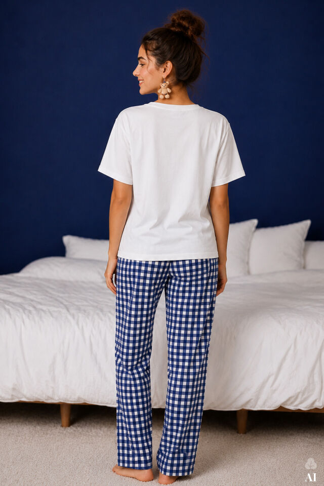 Kadın Pamuklu Ekru Kısa Kollu Baskılı Ekose Desenli Pijama Takımı Mavi - Beyaz - L