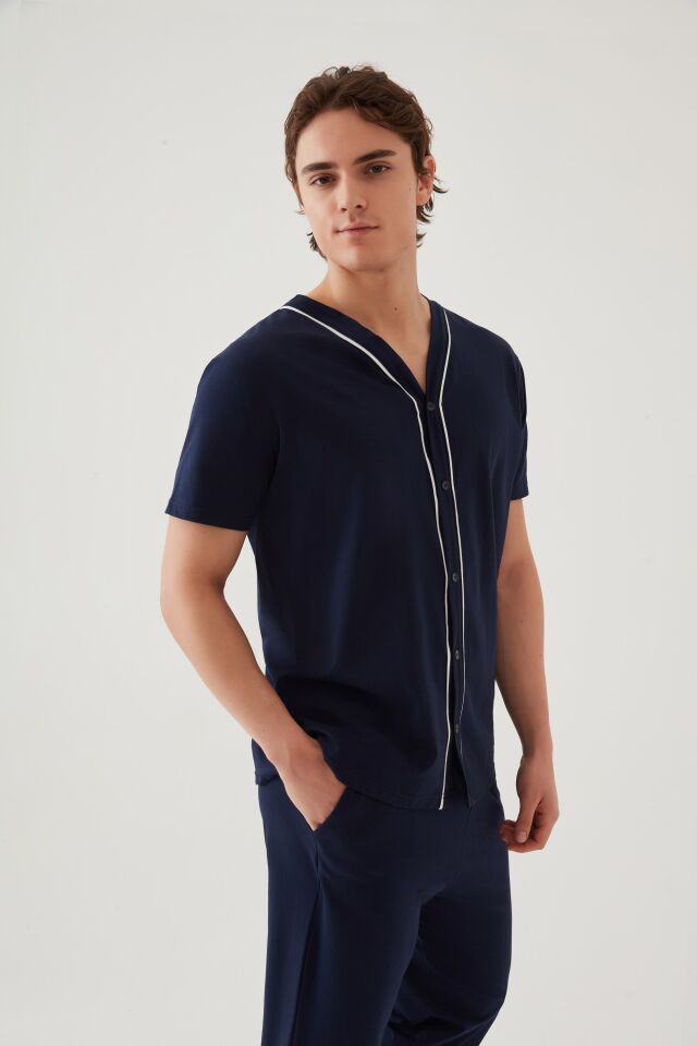 Erkek Kısa Kollu Pamuklu Gömlek Yaka Düğmeli Biyeli Pijama Takımı Siyah - Beyaz - L