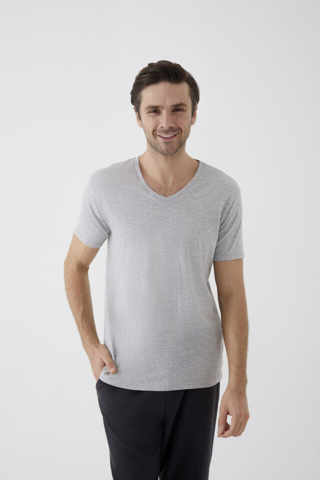 Erkek Pamuklu V Yaka Kısa Kollu Tişört 2 Adet gri melanj- gri melanj - 2XL - 2XL - gri melanj- gri melanj