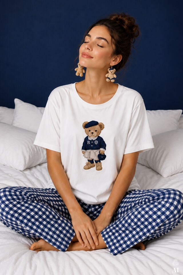 Kadın Pamuklu Ekru Kısa Kollu Baskılı Ekose Desenli Pijama Takımı Mavi - Beyaz - XL