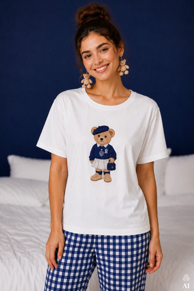 Kadın Pamuklu Ekru Kısa Kollu Baskılı Ekose Desenli Pijama Takımı Mavi - Beyaz - XL