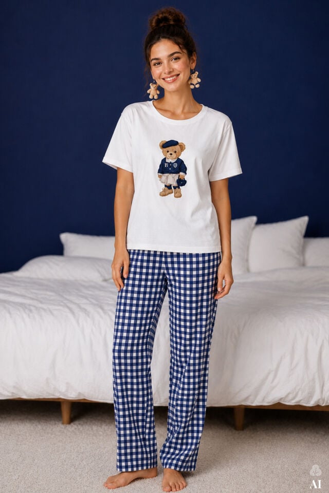 Kadın Pamuklu Ekru Kısa Kollu Baskılı Ekose Desenli Pijama Takımı Mavi - Beyaz - XL