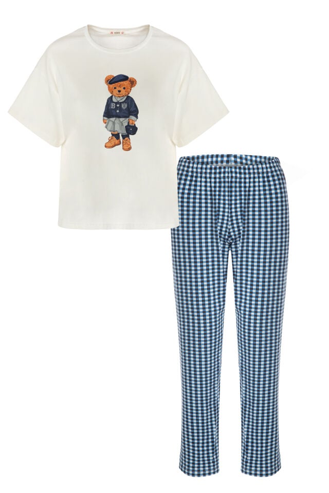 Kadın Pamuklu Ekru Kısa Kollu Baskılı Ekose Desenli Pijama Takımı Mavi - Beyaz - XL