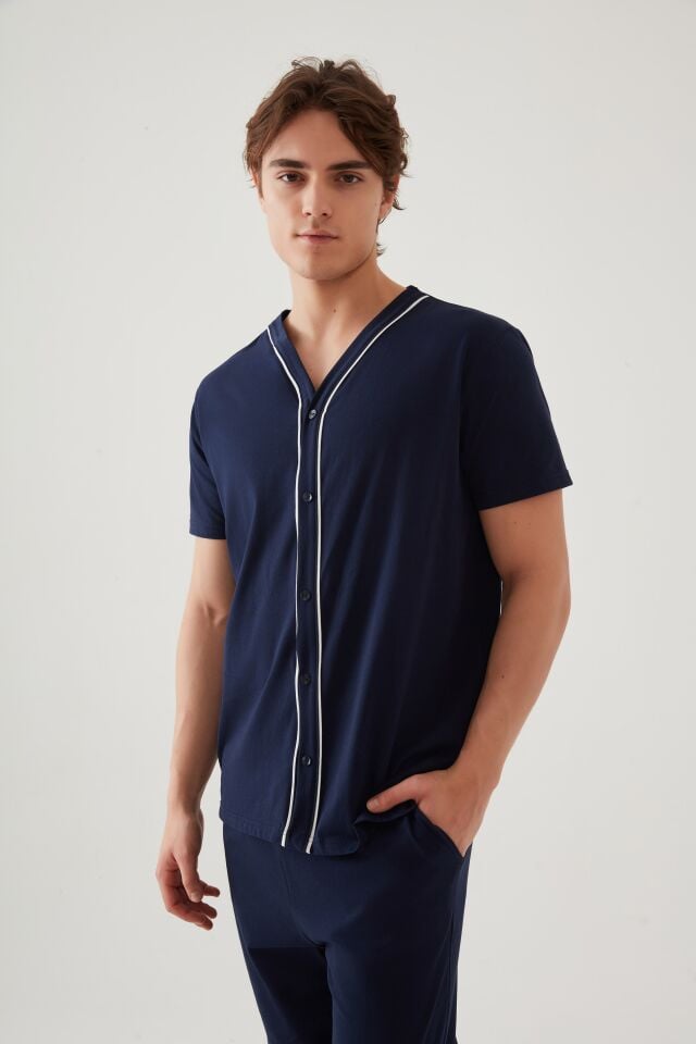 Erkek Kısa Kollu Pamuklu Gömlek Yaka Düğmeli Biyeli Pijama Takımı Siyah - Beyaz - XL