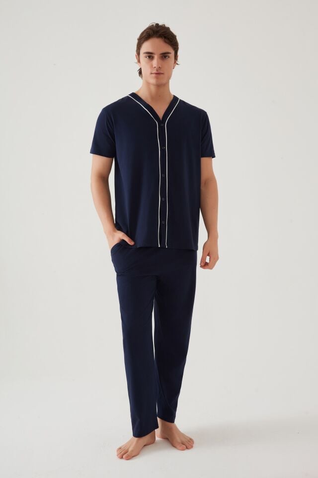 Erkek Kısa Kollu Pamuklu Gömlek Yaka Düğmeli Biyeli Pijama Takımı Siyah - Beyaz - XL