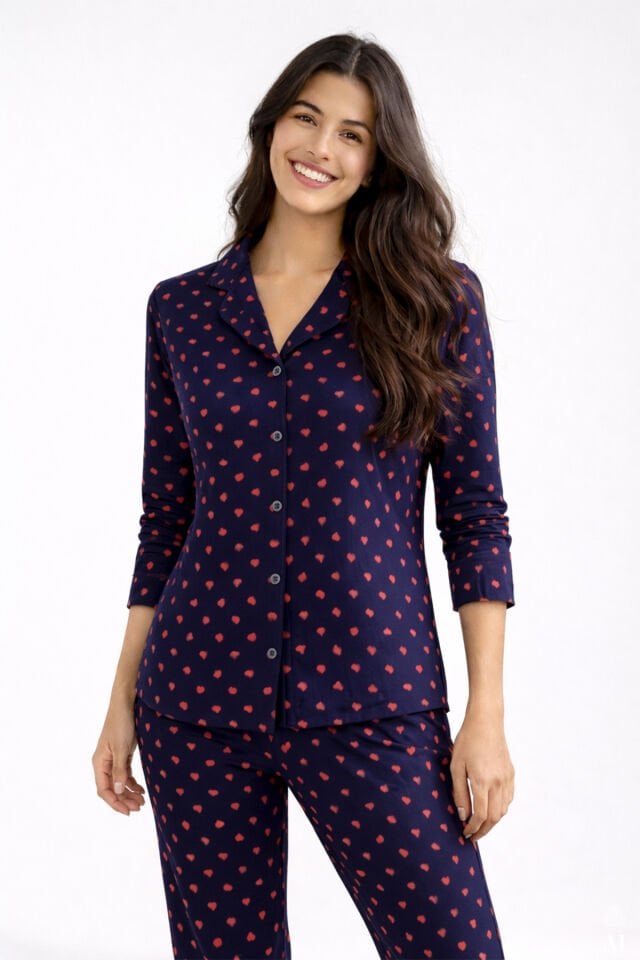 Kadın Lacivert Kırmızı Kalpli Desenli Pamuklu Düğmeli Pijama Takımı Çok Renkli - M