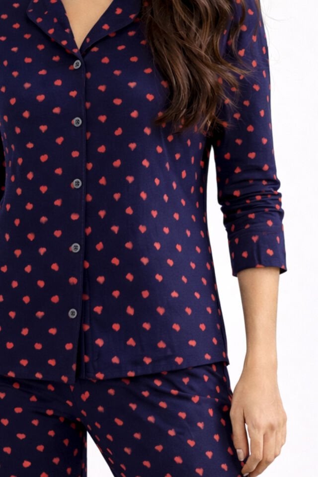 Kadın Lacivert Kırmızı Kalpli Desenli Pamuklu Düğmeli Pijama Takımı Çok Renkli - M