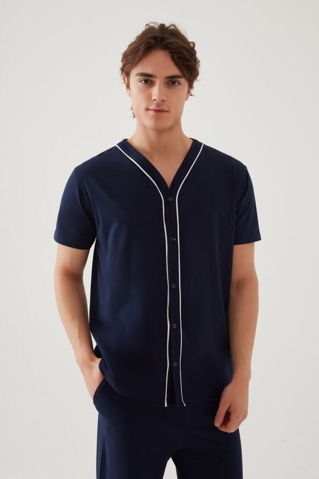 Erkek Kısa Kollu Pamuklu Gömlek Yaka Düğmeli Biyeli Pijama Takımı Siyah - Beyaz - 2XL