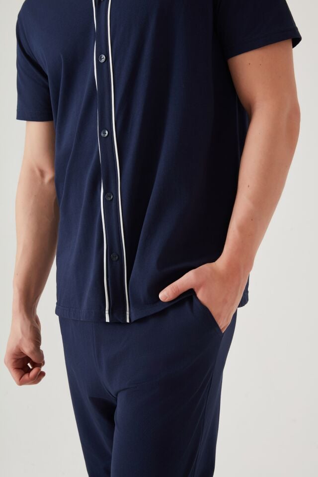 Erkek Kısa Kollu Pamuklu Gömlek Yaka Düğmeli Biyeli Pijama Takımı Siyah - Beyaz - 2XL