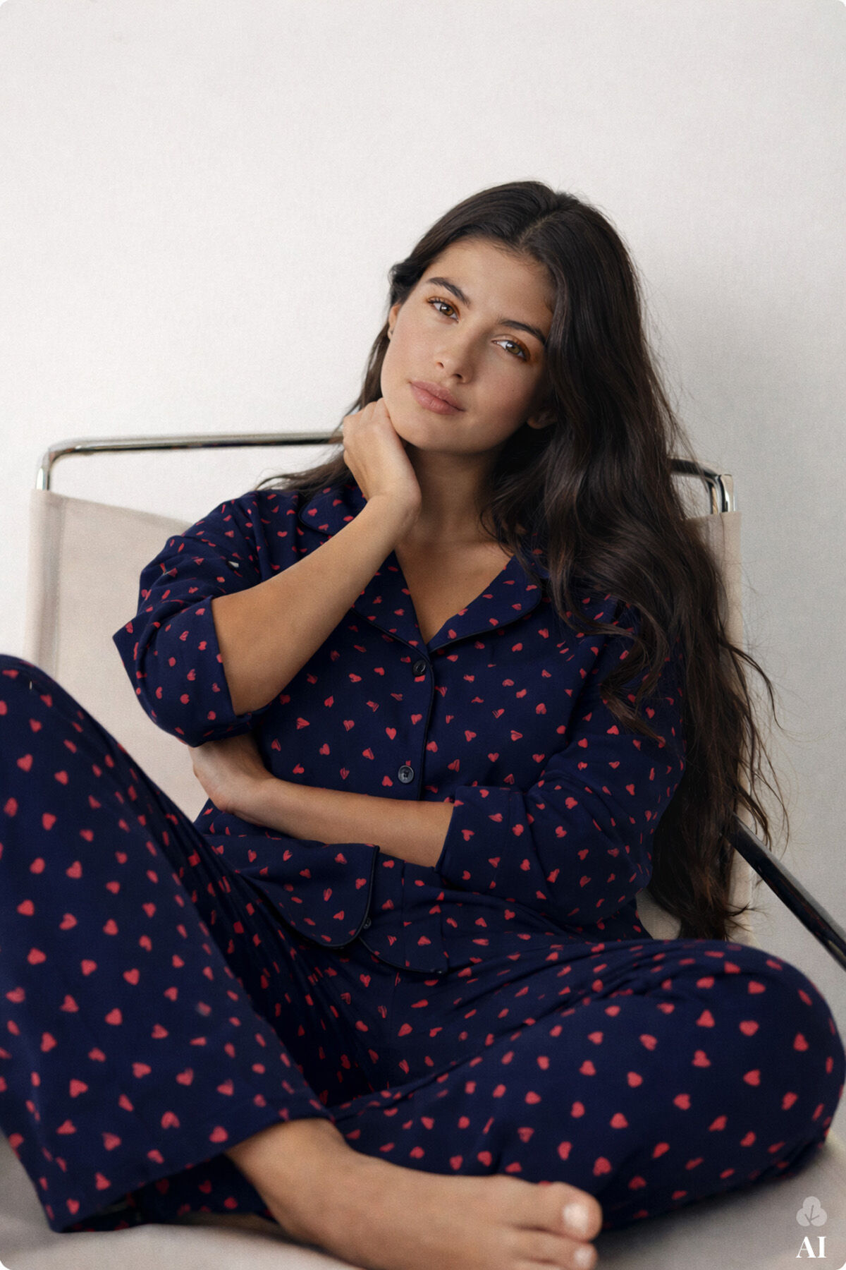 Kadın Lacivert Kırmızı Kalpli Desenli Pamuklu Düğmeli Pijama Takımı Çok Renkli - S