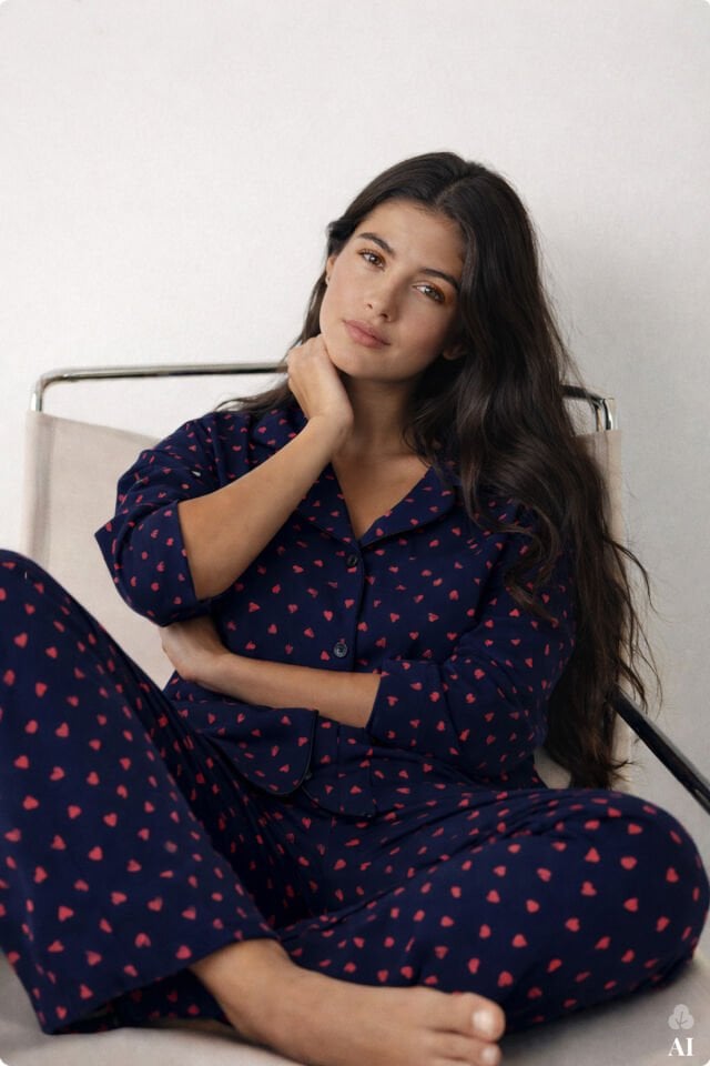 Kadın Lacivert Kırmızı Kalpli Desenli Pamuklu Düğmeli Pijama Takımı Çok Renkli - S