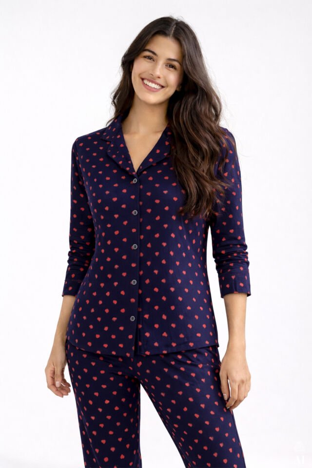 Kadın Lacivert Kırmızı Kalpli Desenli Pamuklu Düğmeli Pijama Takımı Çok Renkli - S