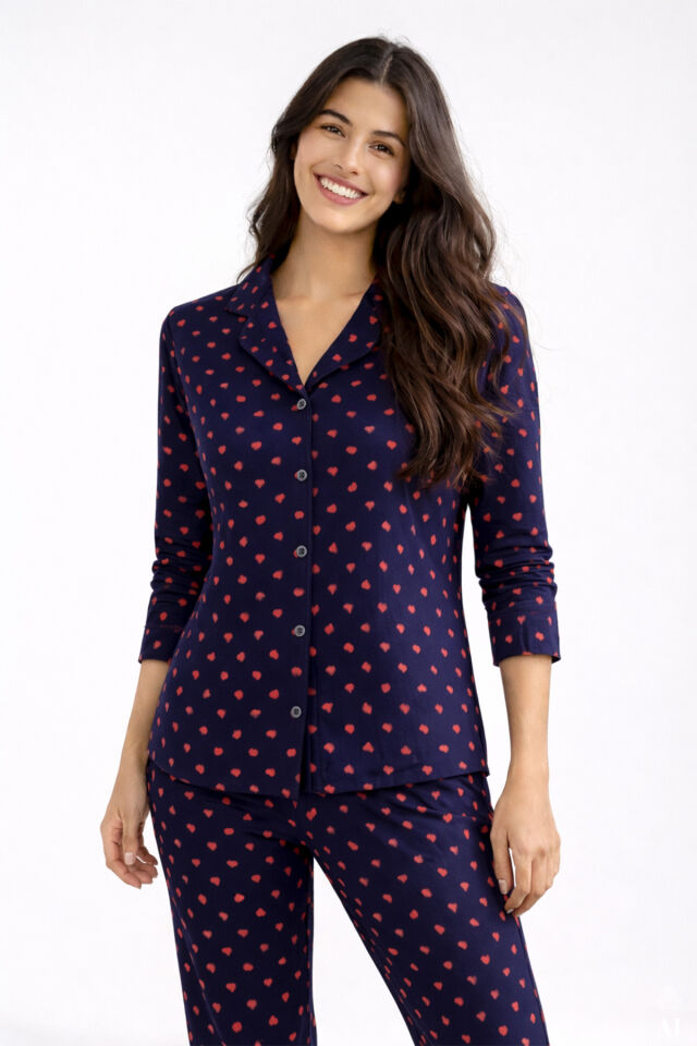 Kadın Lacivert Kırmızı Kalpli Desenli Pamuklu Düğmeli Pijama Takımı Çok Renkli - S