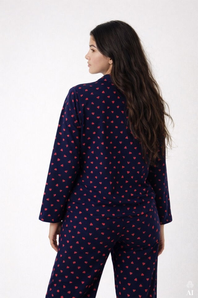 Kadın Lacivert Kırmızı Kalpli Desenli Pamuklu Düğmeli Pijama Takımı Çok Renkli - S