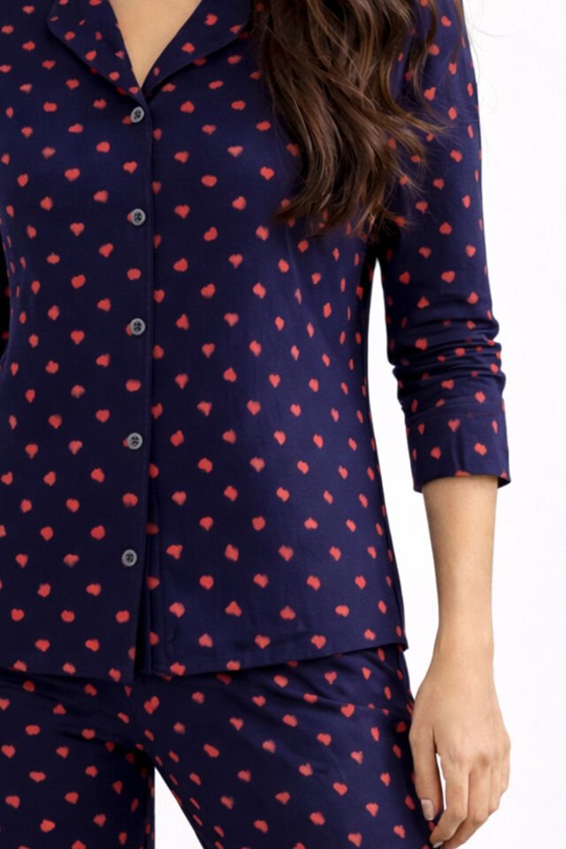 Kadın Lacivert Kırmızı Kalpli Desenli Pamuklu Düğmeli Pijama Takımı Çok Renkli - S