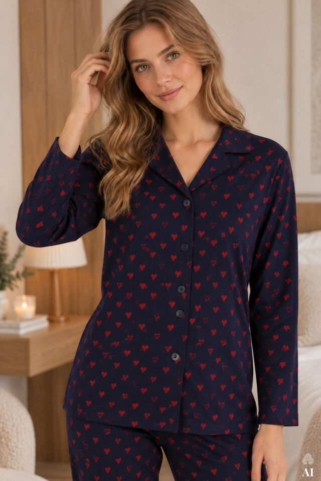 Kadın Lacivert Kırmızı Kalpli Desenli Pamuklu Düğmeli Pijama Takımı Çok Renkli - S