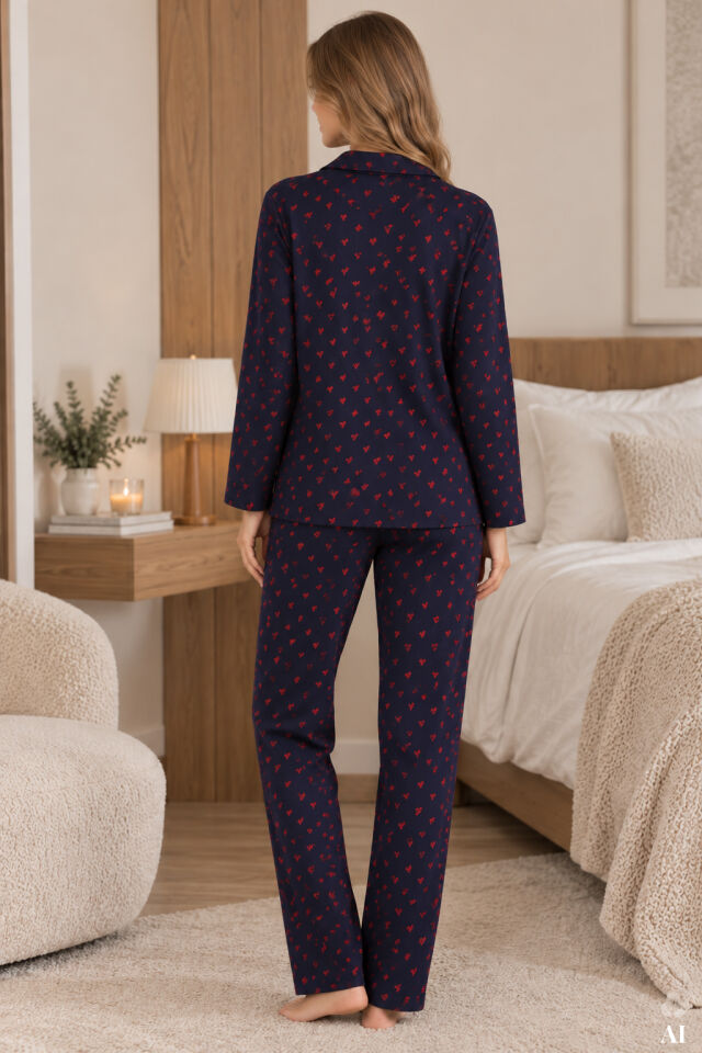 Kadın Lacivert Kırmızı Kalpli Desenli Pamuklu Düğmeli Pijama Takımı Çok Renkli - S