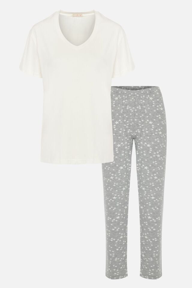 Kadın V Yaka Kısa Kollu Yıldız Desenli Pijama Takımı KO7307TS-1 - L - KO7307TS-1 - L