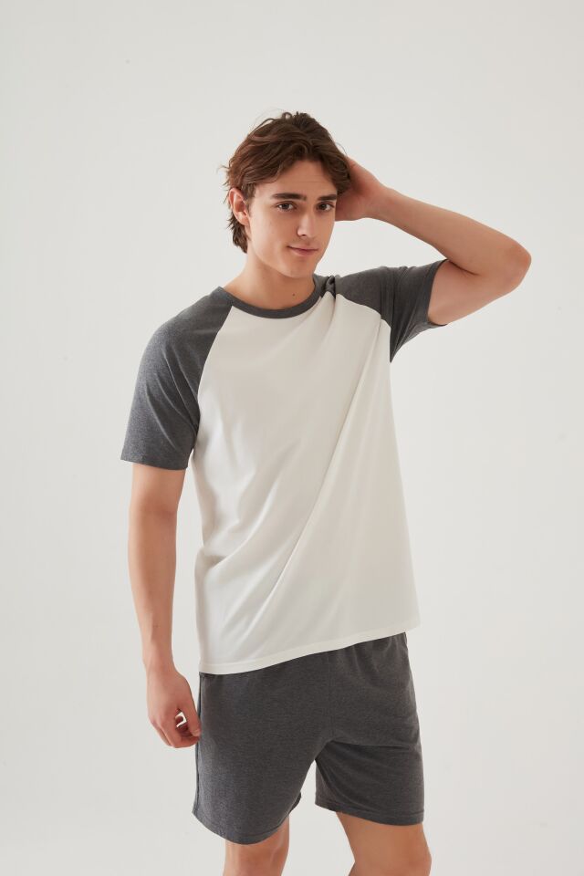 Erkek Pamuklu Cep Detaylı Reglan Kol Pijama Takımı XL - Gri - Ekru