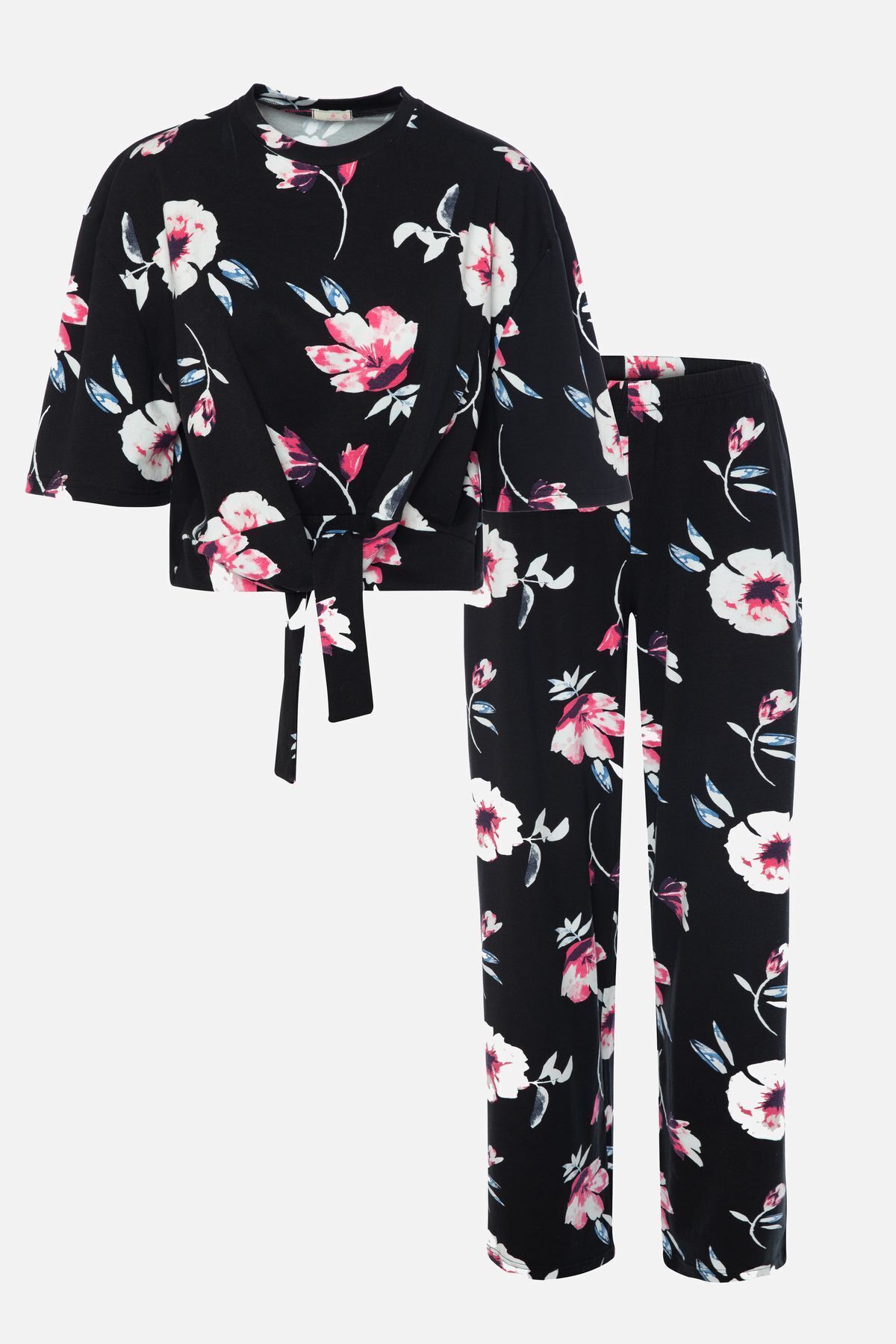 Kadın Pamuklu Önden Bağlamalı Desenli Crop T-shirt Pijama Takımı KO7300TS-3 - S