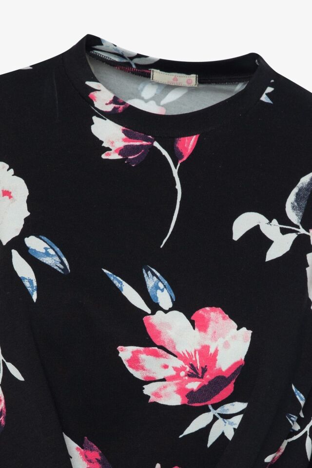 Kadın Pamuklu Önden Bağlamalı Desenli Crop T-shirt Pijama Takımı KO7300TS-3 - S