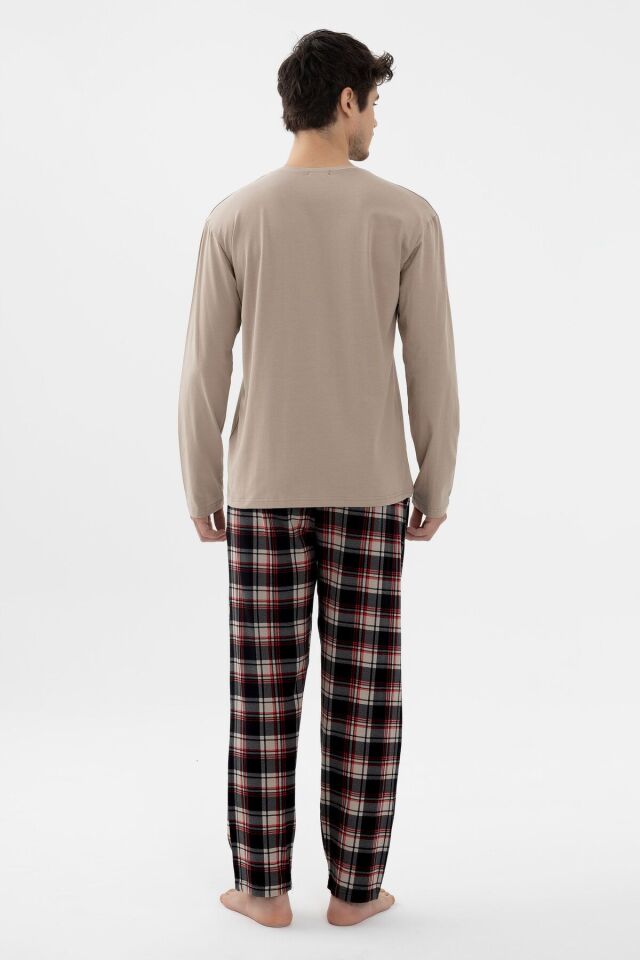 Erkek Pamuklu Uzun Kollu Basic Siyah - Vizon Ekose Desenli Cep Detaylı Pijama Takımı Siyah - Vizon - 2XL