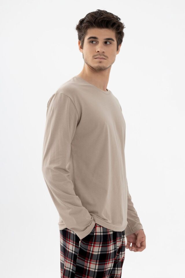 Erkek Pamuklu Uzun Kollu Basic Siyah - Vizon Ekose Desenli Cep Detaylı Pijama Takımı Siyah - Vizon - 2XL