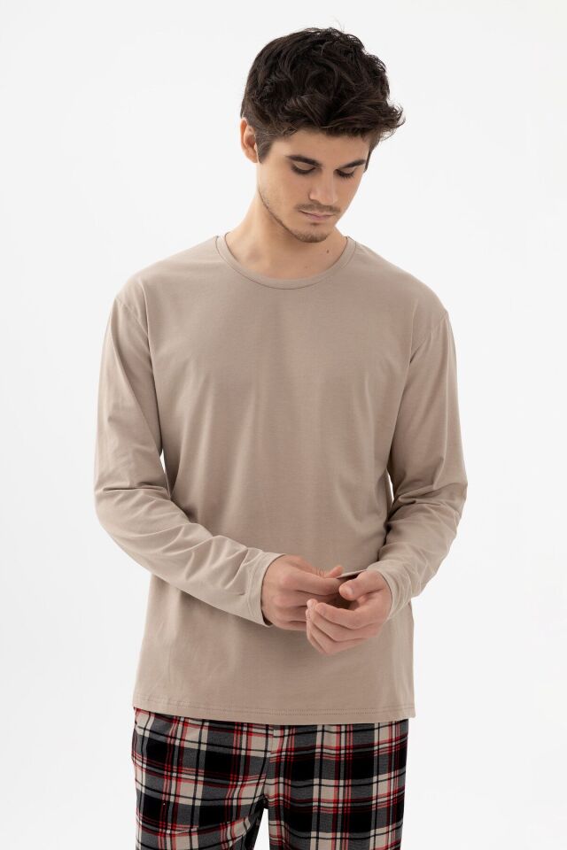 Erkek Pamuklu Uzun Kollu Basic Siyah - Vizon Ekose Desenli Cep Detaylı Pijama Takımı Siyah - Vizon - 2XL